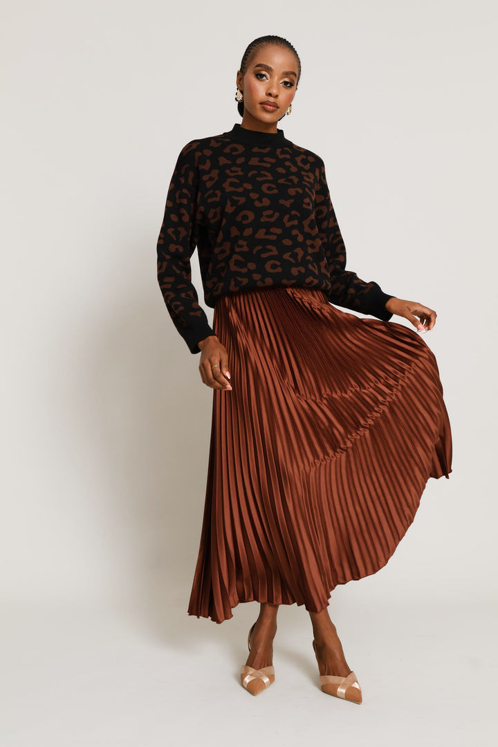 Pleated Satin Maxi Skirt - Copper