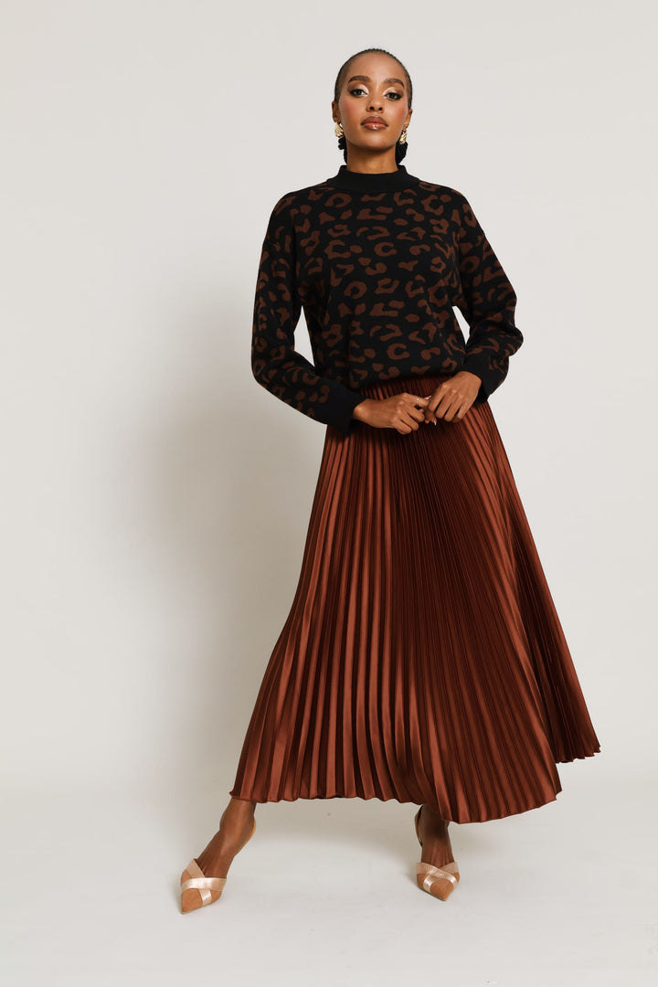 Pleated Satin Maxi Skirt - Copper