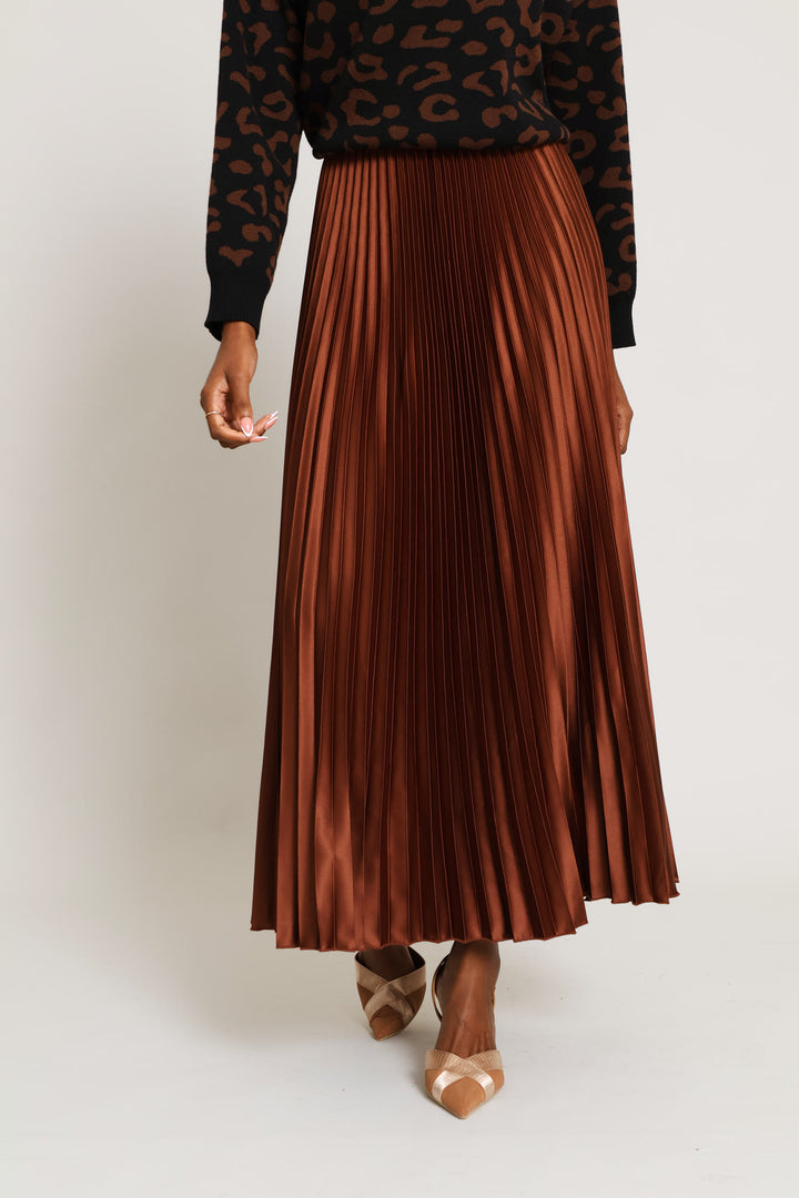 Pleated Satin Maxi Skirt - Copper