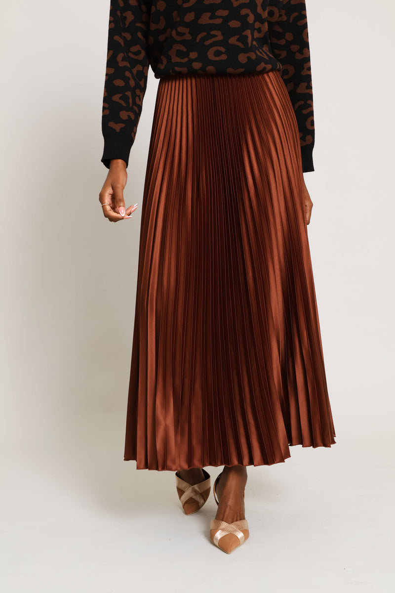 Pleated Satin Maxi Skirt - Copper
