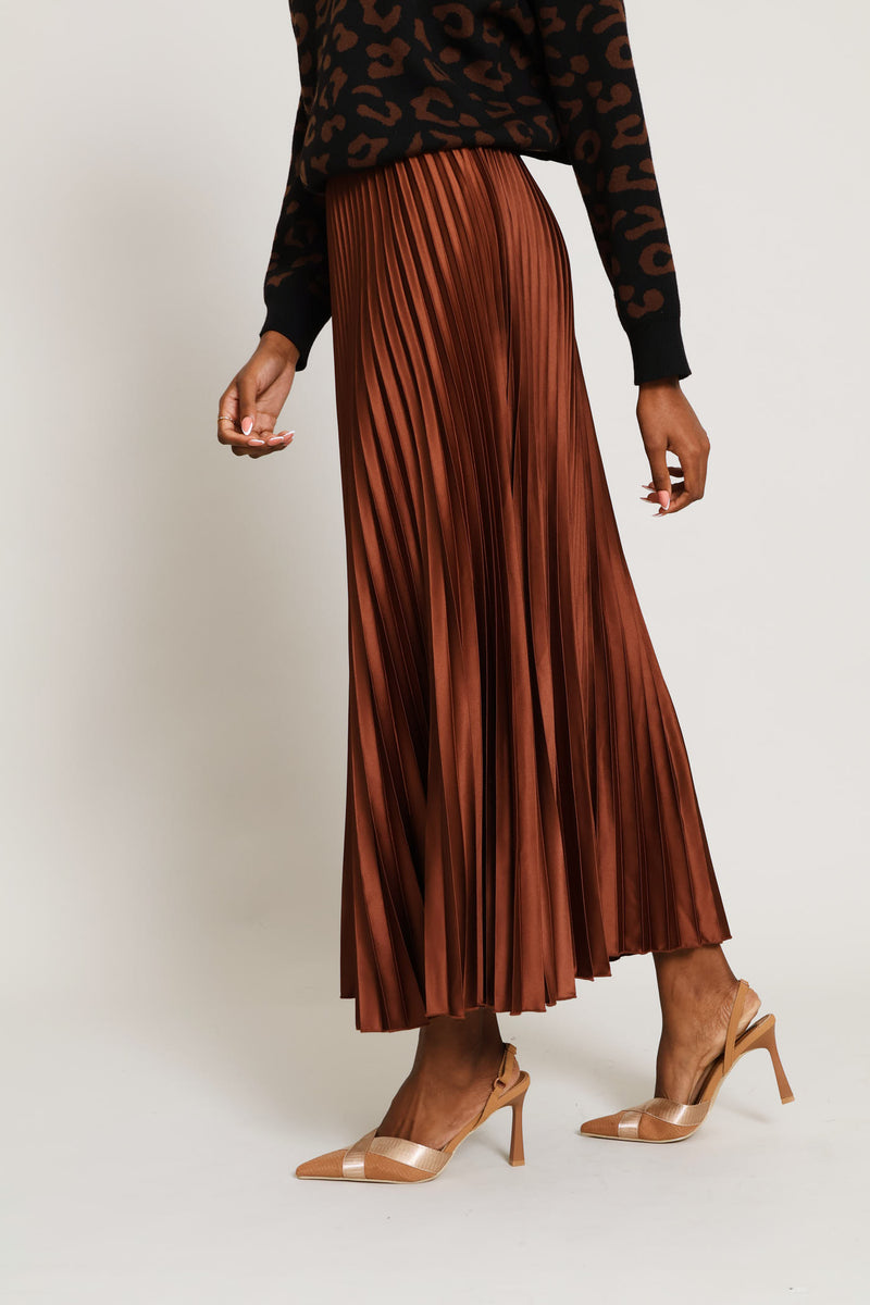 Pleated Satin Maxi Skirt - Copper