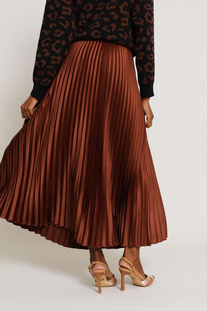 Pleated Satin Maxi Skirt - Copper