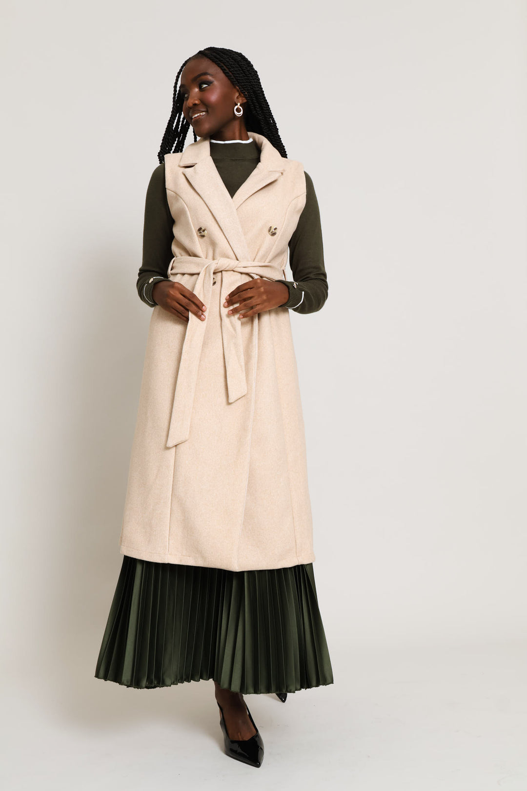 Long Length Belted Melton Gilet - Oatmeal Melange