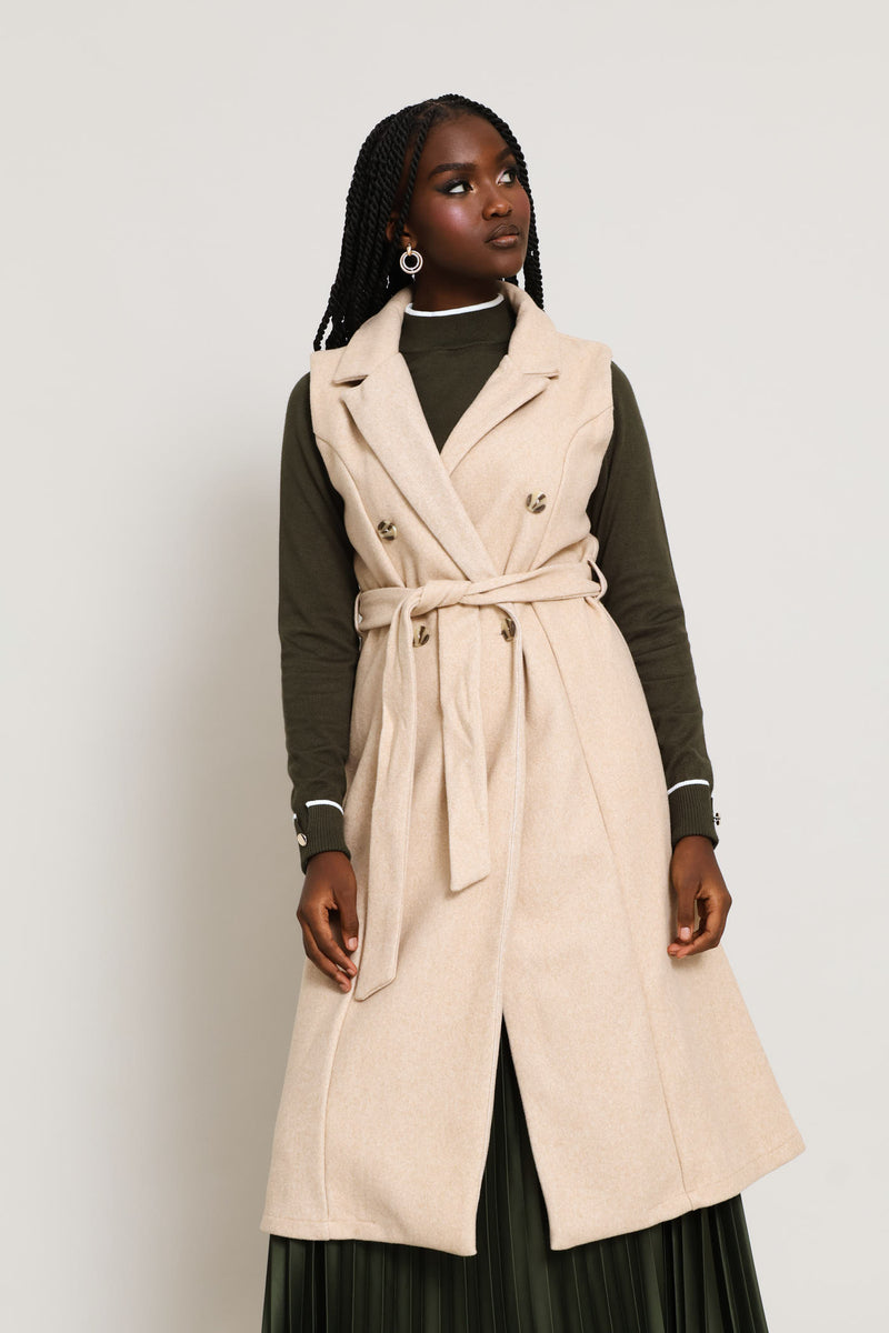 Long Length Belted Melton Gilet - Oatmeal Melange