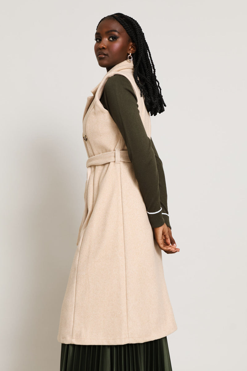 Long Length Belted Melton Gilet - Oatmeal Melange