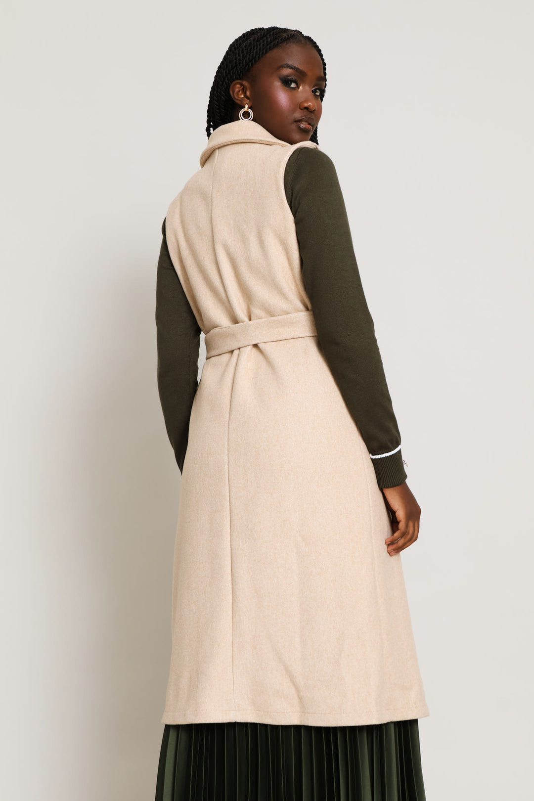 Long Length Belted Melton Gilet - Oatmeal Melange