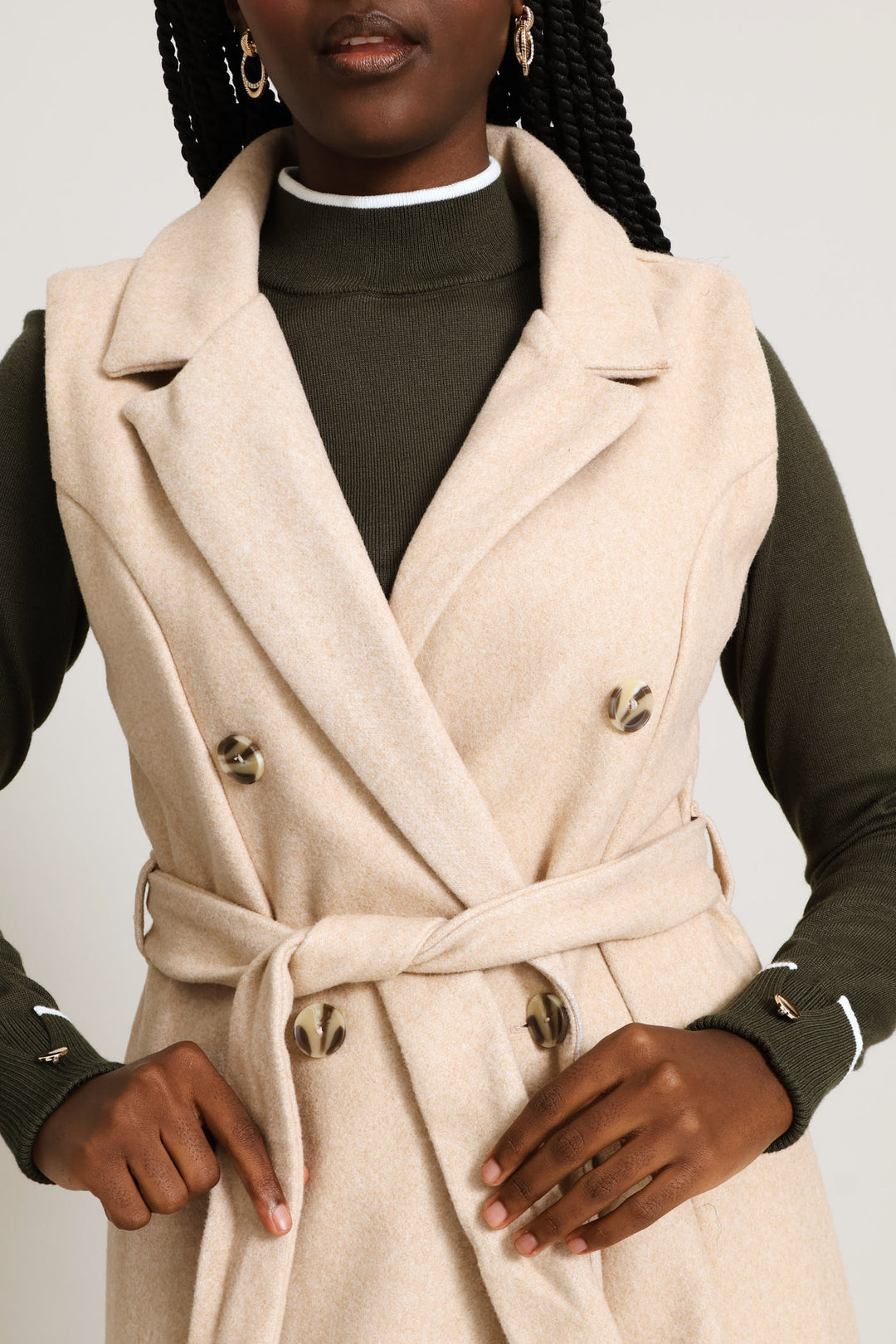 Long Length Belted Melton Gilet - Oatmeal Melange