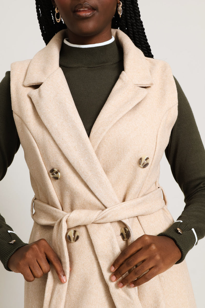Long Length Belted Melton Gilet - Oatmeal Melange