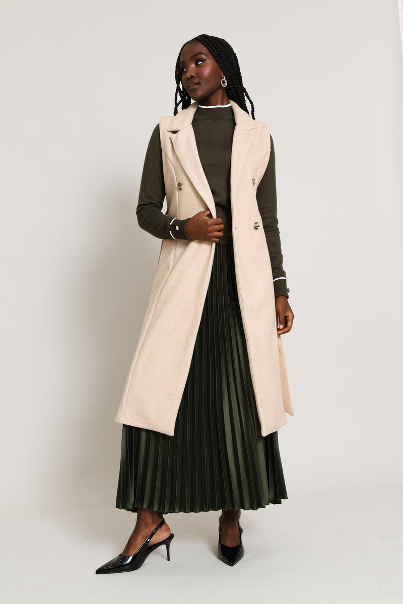 Long Length Belted Melton Gilet - Oatmeal Melange