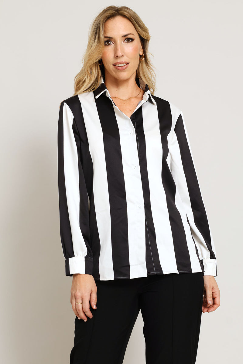 Wide Stripe Satin Shirt - Black/Cream