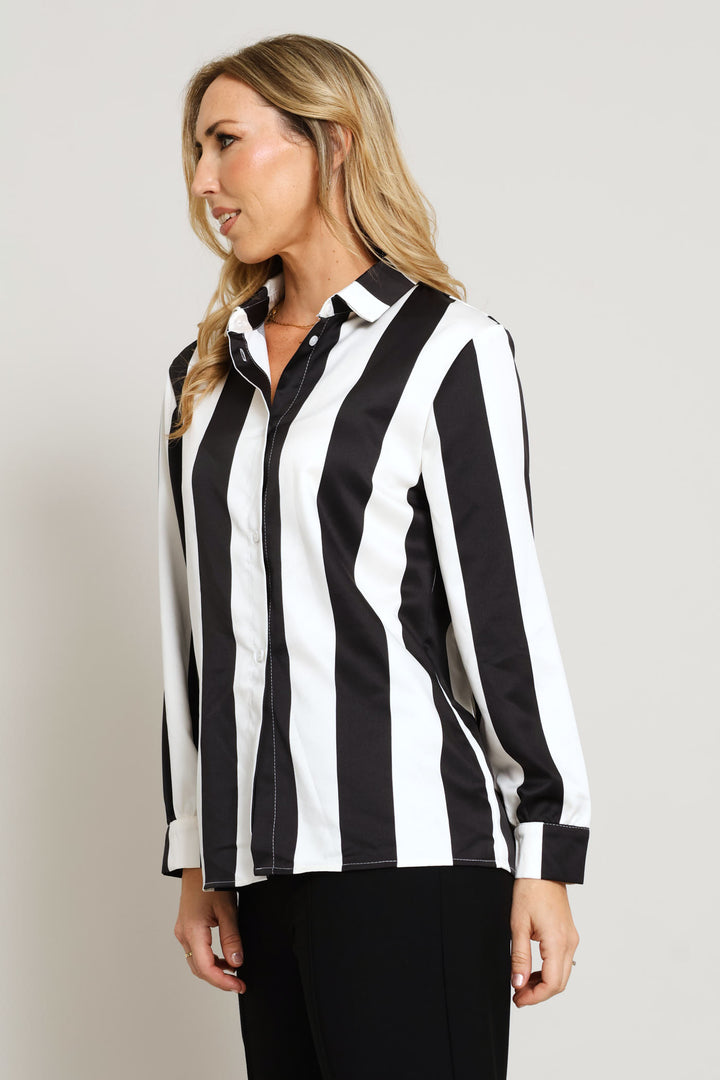 Wide Stripe Satin Shirt - Black/Cream