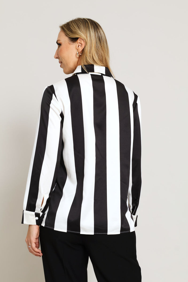 Wide Stripe Satin Shirt - Black/Cream