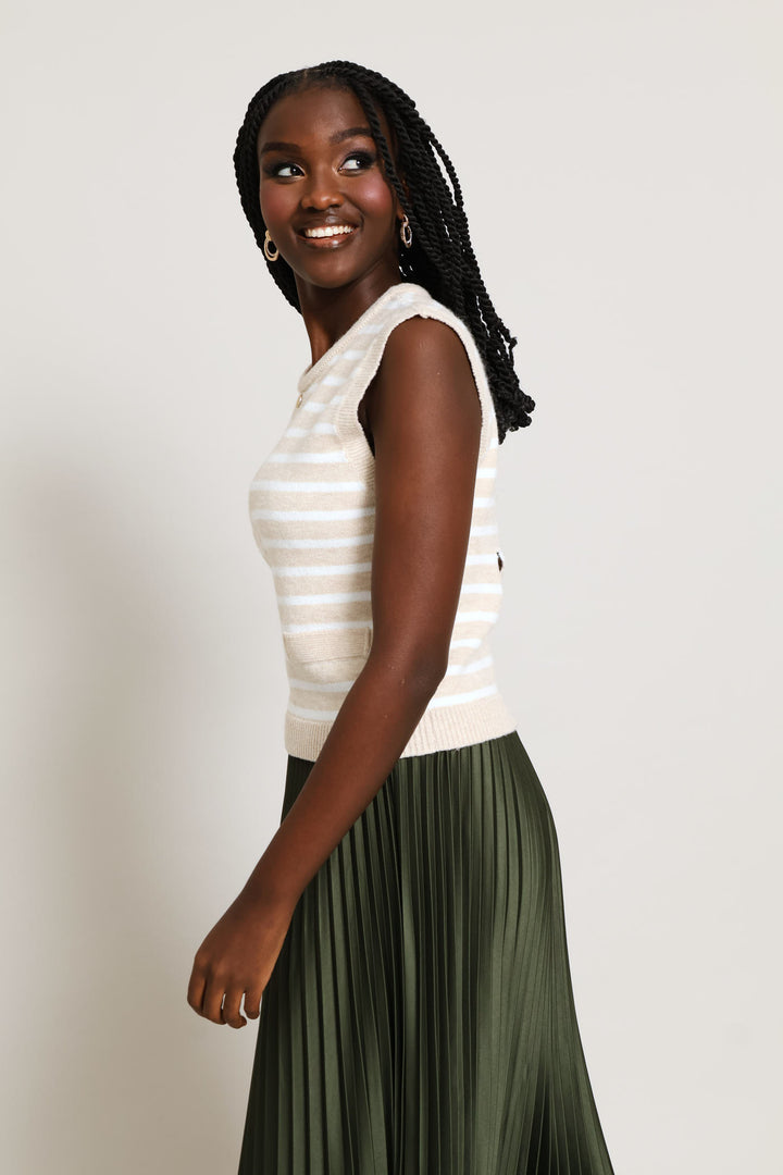 Striped Button Through Vest - Latte