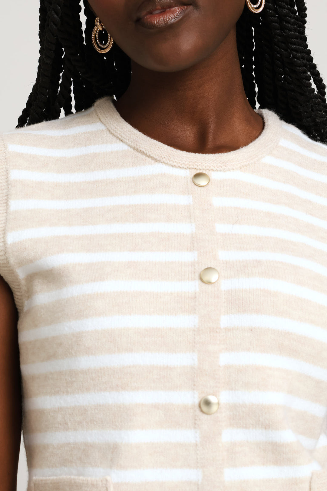 Striped Button Through Vest - Latte