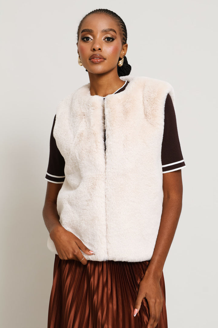 Sleeveless Faux Fur Coat - Cream