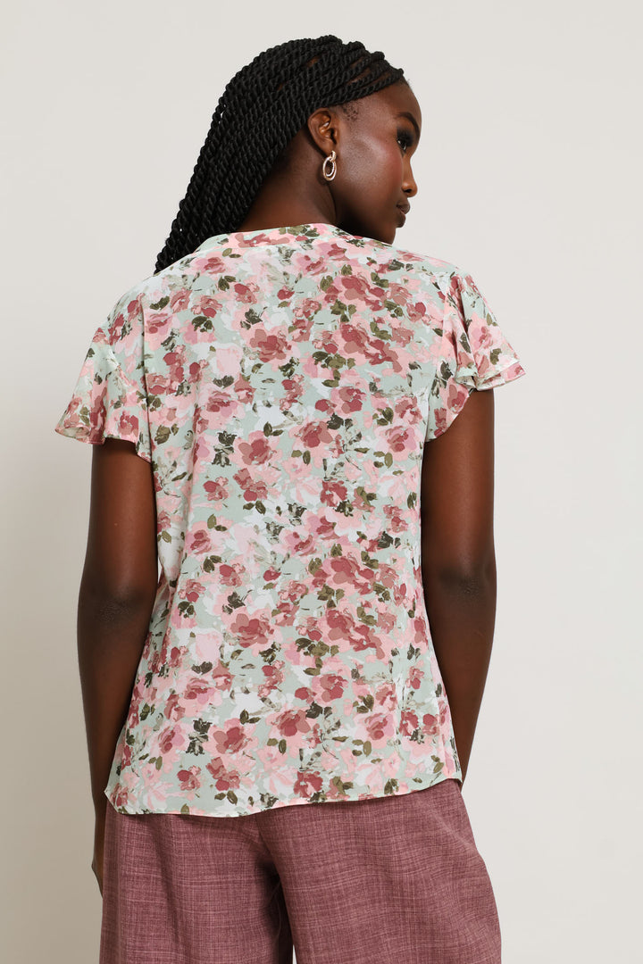 V-Neck Placket Floral Blouse - Sage