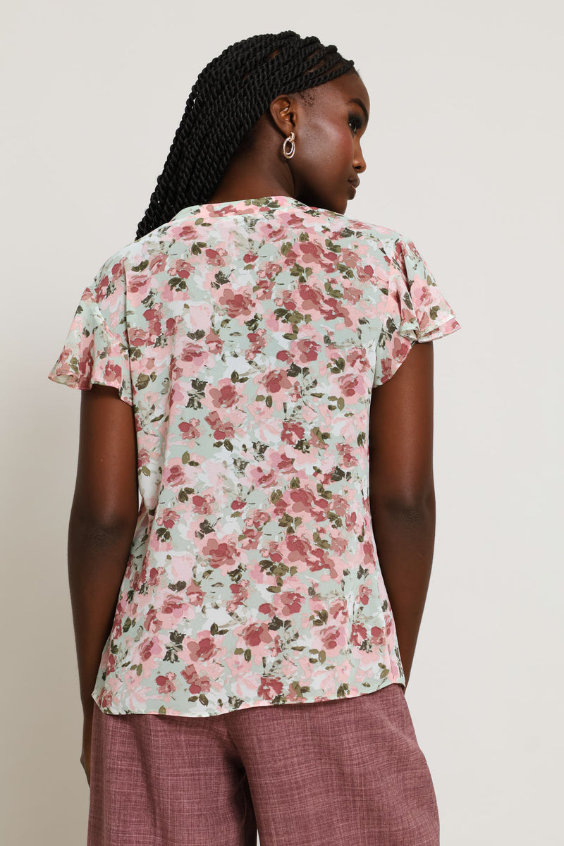 V-Neck Placket Floral Blouse - Sage