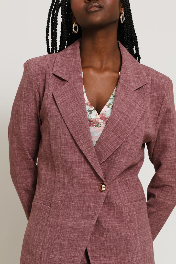 Fancy Button Side Linen Blend Blazer - Mauve