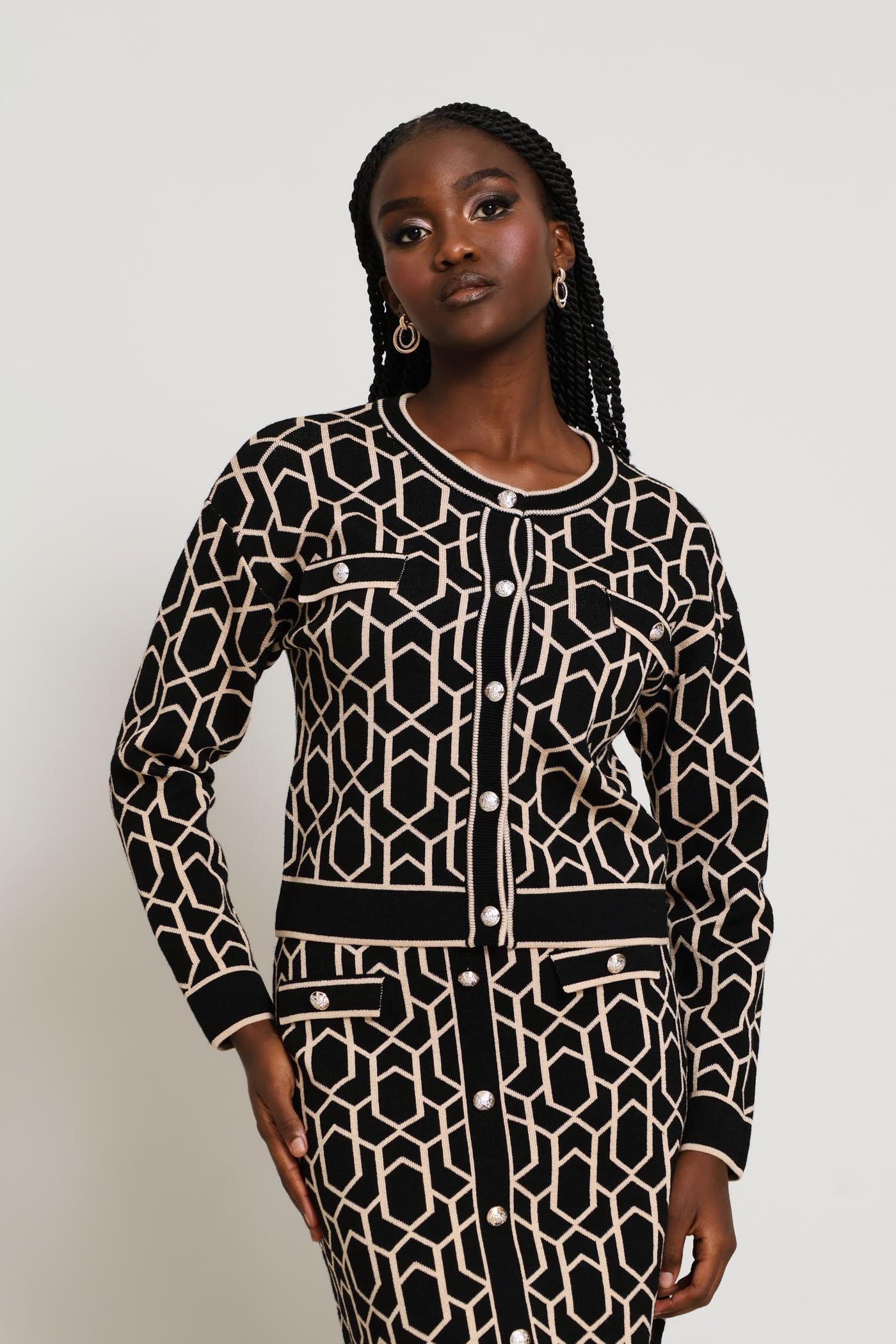 Ladies Crew Neck Geo Cardi - Black/Beige – Edgars