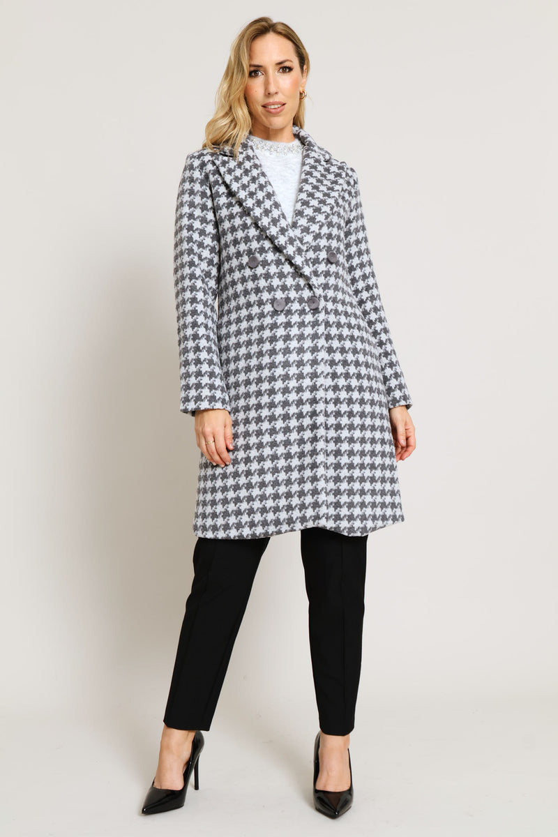 Double Breasted Houndstooth Tweed Coat - Grey