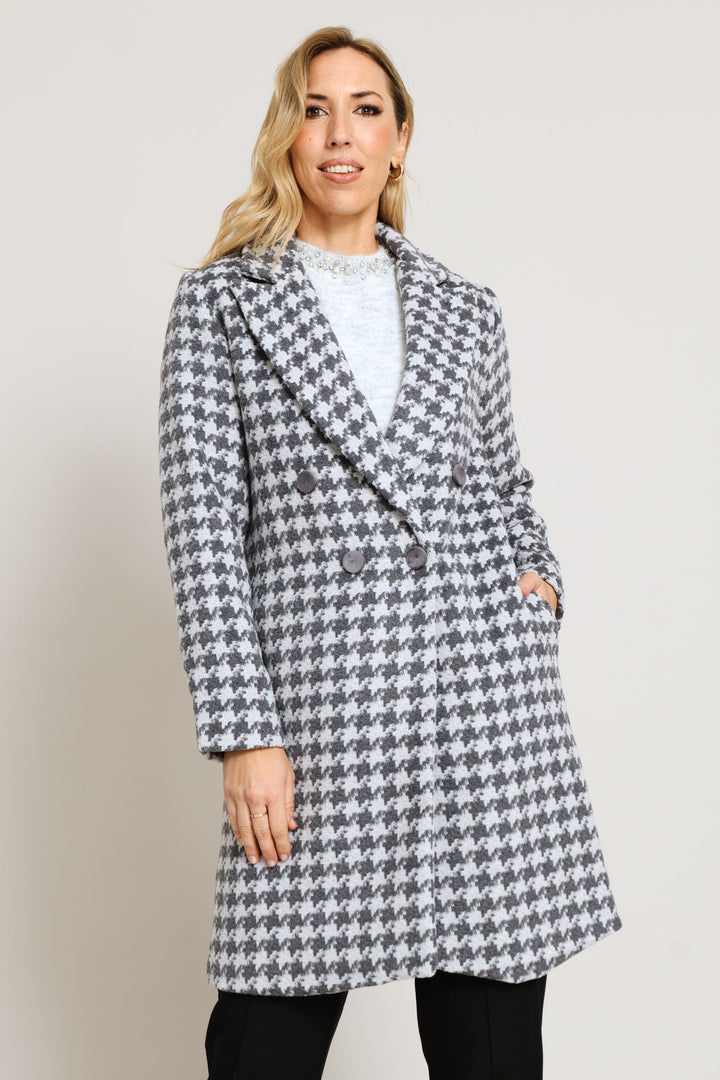 Double Breasted Houndstooth Tweed Coat - Grey