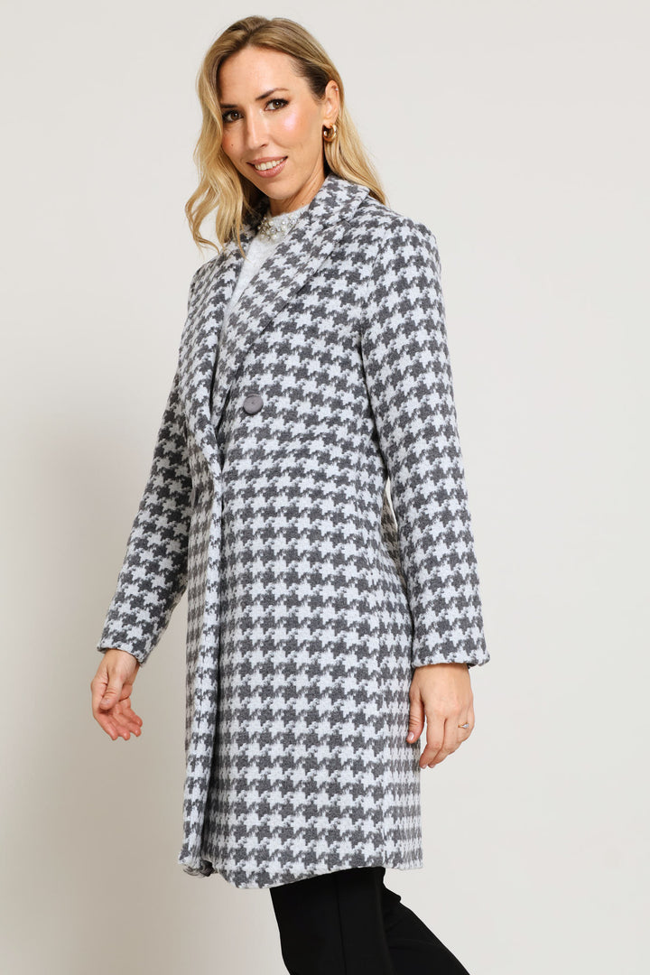 Double Breasted Houndstooth Tweed Coat - Grey