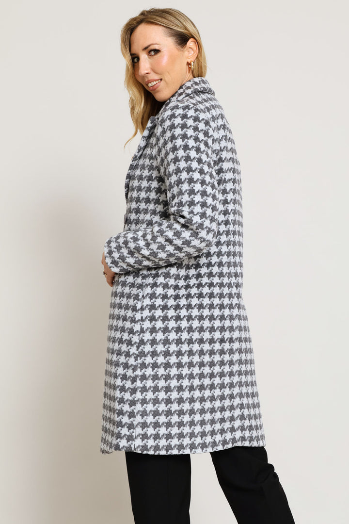 Double Breasted Houndstooth Tweed Coat - Grey