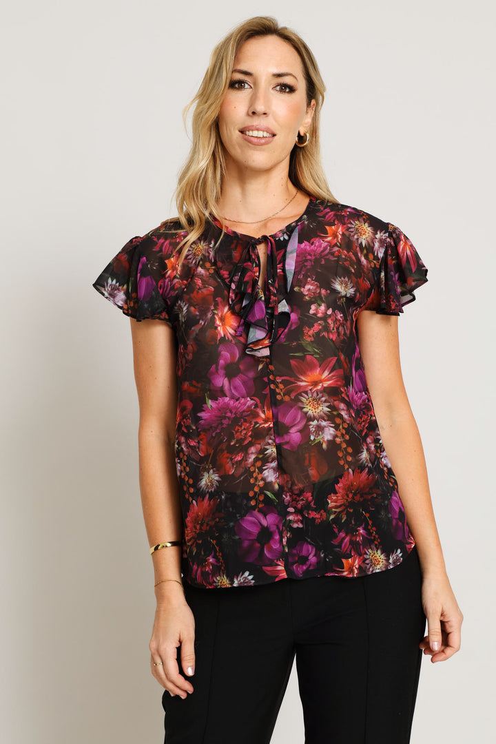 Tie Up Frill Flutter Sleeve Blouse - Black