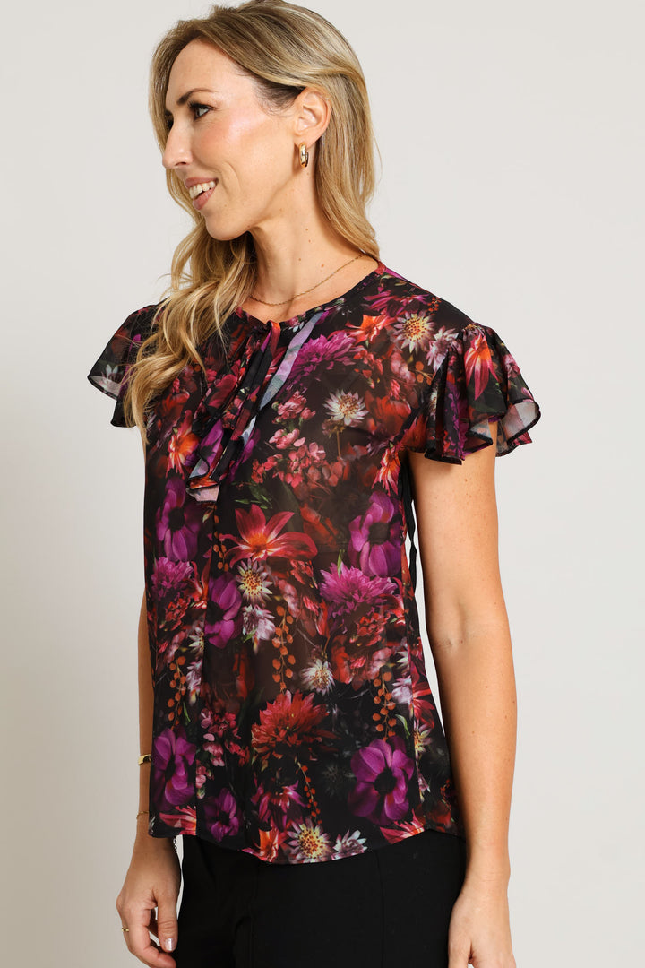 Tie Up Frill Flutter Sleeve Blouse - Black