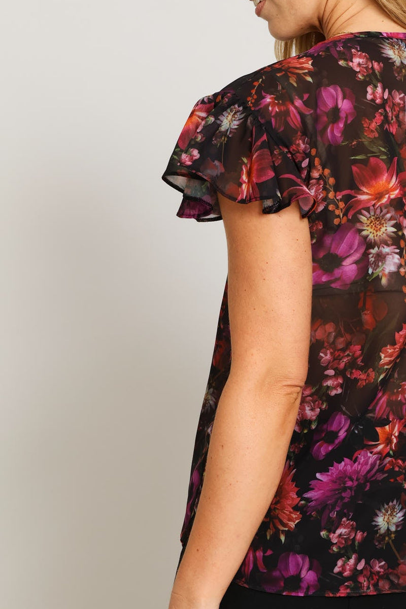 Tie Up Frill Flutter Sleeve Blouse - Black