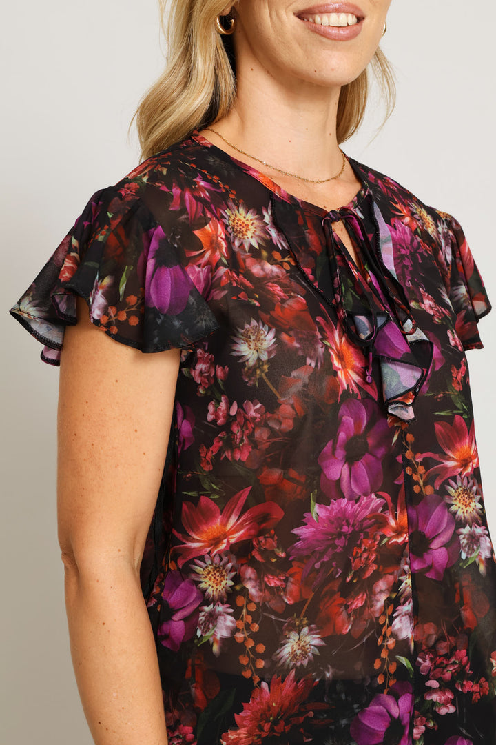 Tie Up Frill Flutter Sleeve Blouse - Black