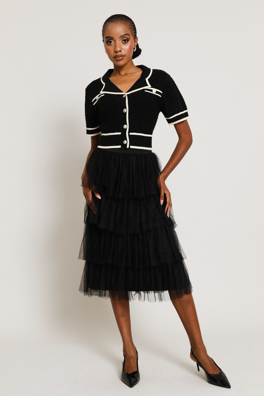 Preppy Constrast Textured Cardi - Black/Cream