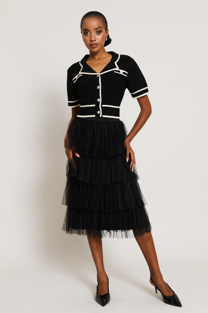 Preppy Constrast Textured Cardi - Black/Cream