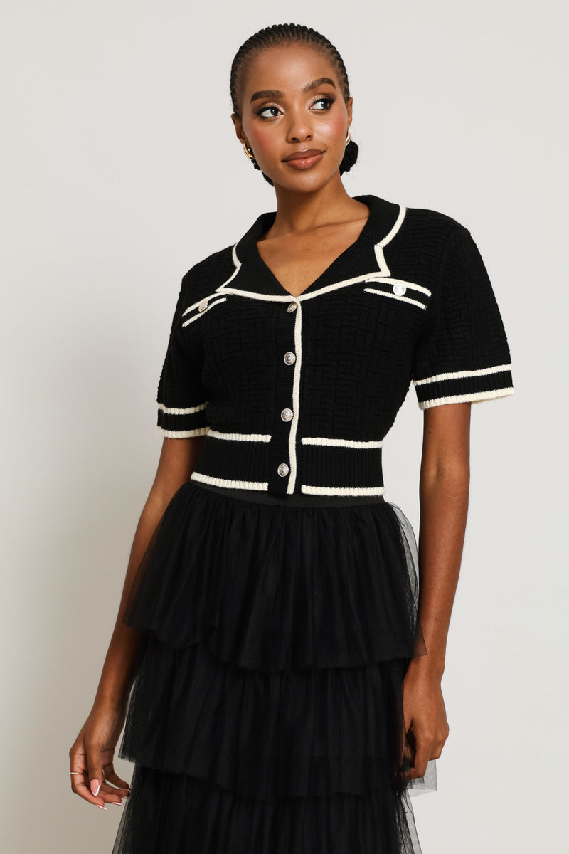 Preppy Constrast Textured Cardi - Black/Cream