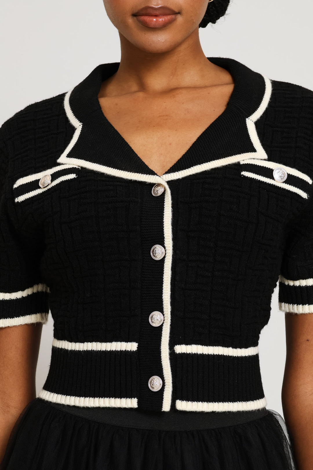 Preppy Constrast Textured Cardi - Black/Cream
