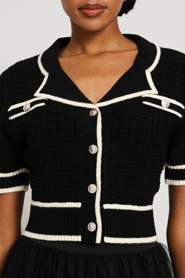Preppy Constrast Textured Cardi - Black/Cream