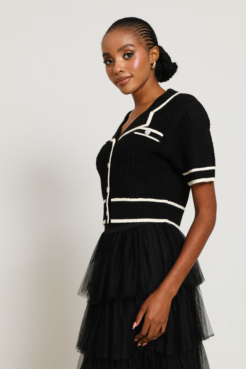 Preppy Constrast Textured Cardi - Black/Cream