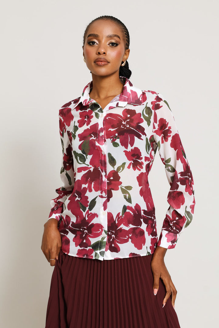 Abstract Floral Chiffon Shirt - Cream/Plum