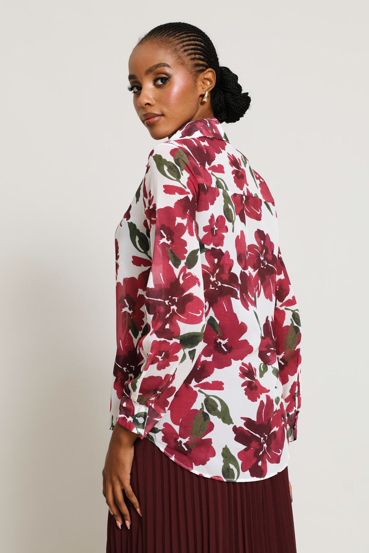 Abstract Floral Chiffon Shirt - Cream/Plum