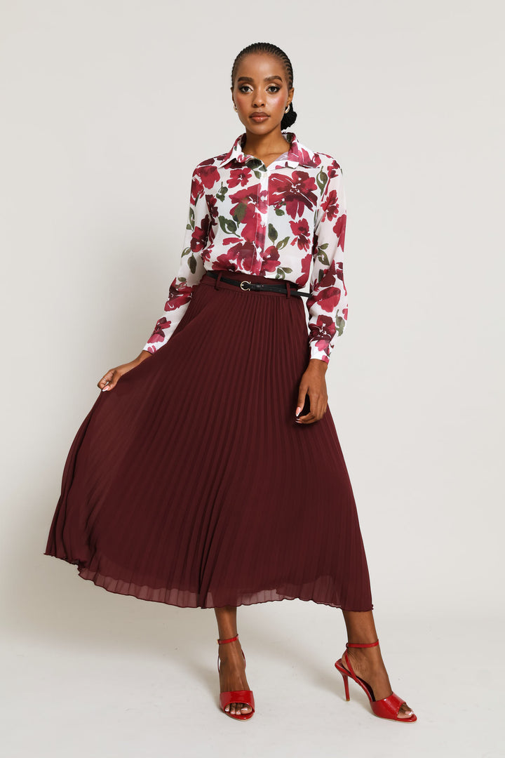 Abstract Floral Chiffon Shirt - Cream/Plum