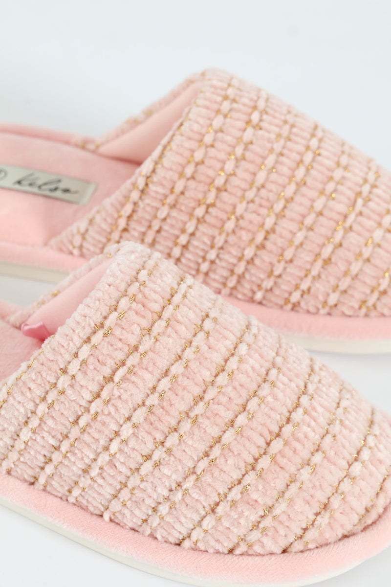Chenille & Gold Closed Toe Mule Slipper - Blush