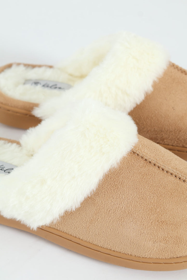 Closed Toe Slipper With Fur Trim - Stone