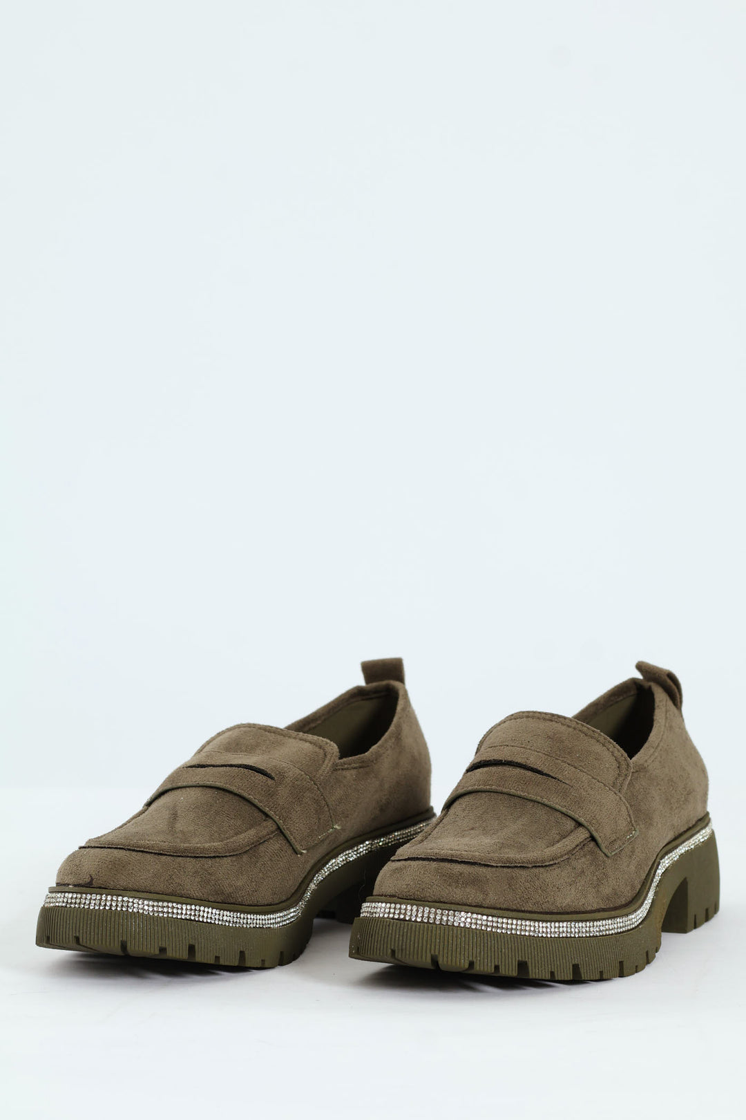 Microfibre Diamante Trim Loafer - Olive