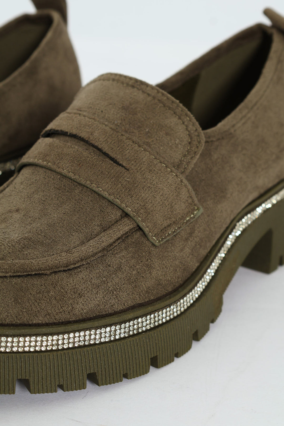 Microfibre Diamante Trim Loafer - Olive