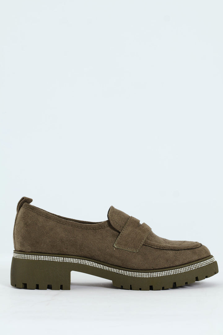Microfibre Diamante Trim Loafer - Olive