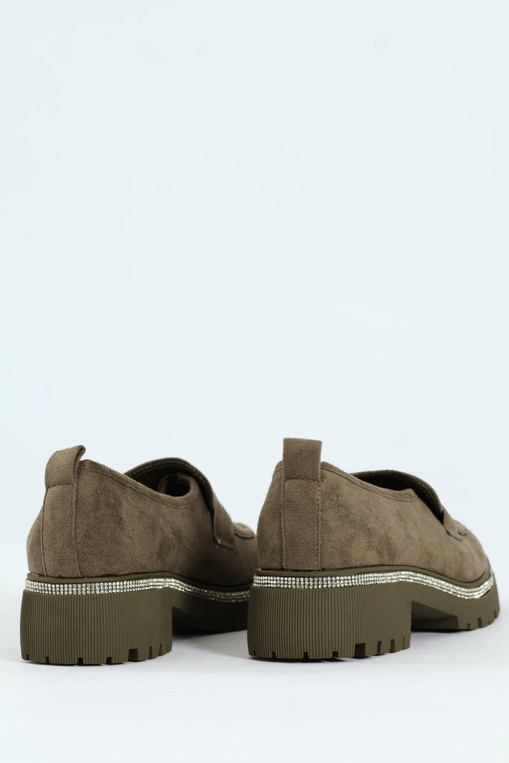 Microfibre Diamante Trim Loafer - Olive