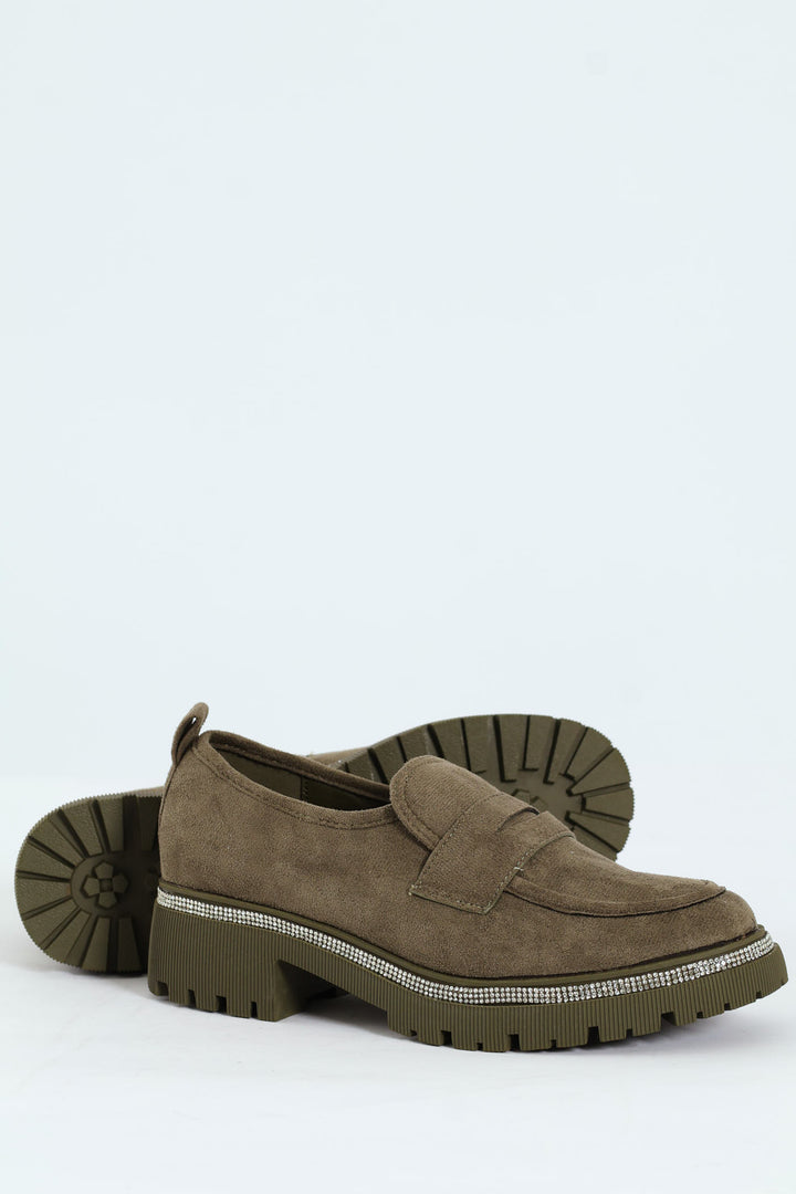 Microfibre Diamante Trim Loafer - Olive