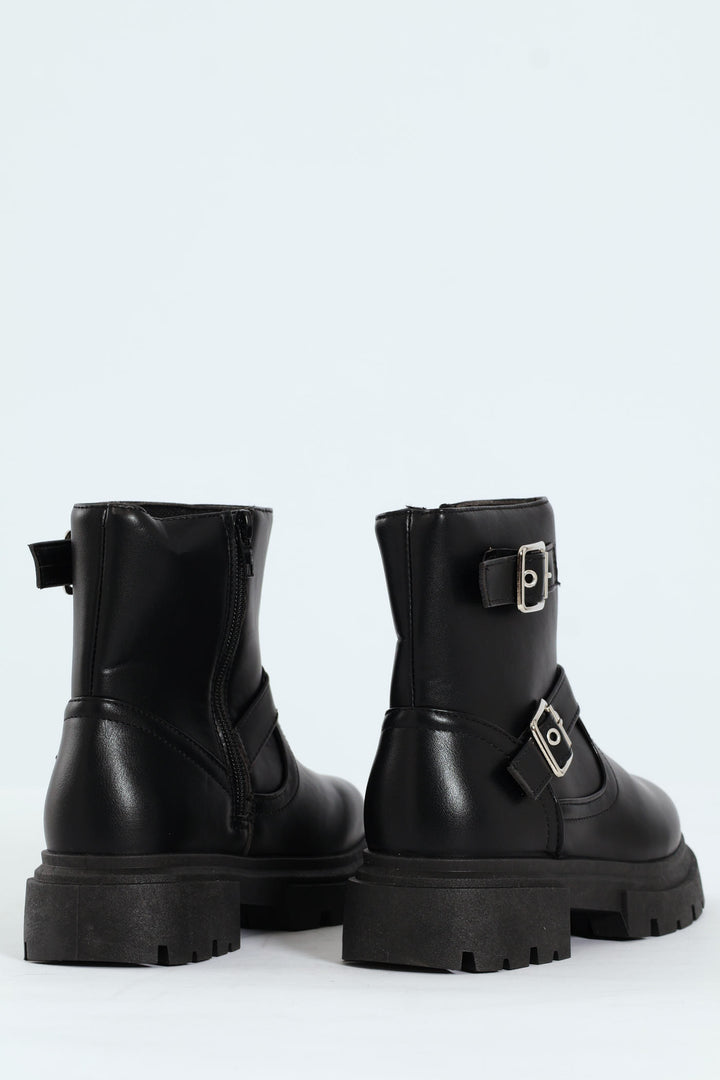 Girls PU Biker Boot - Black