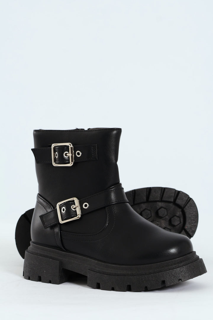 Girls PU Biker Boot - Black