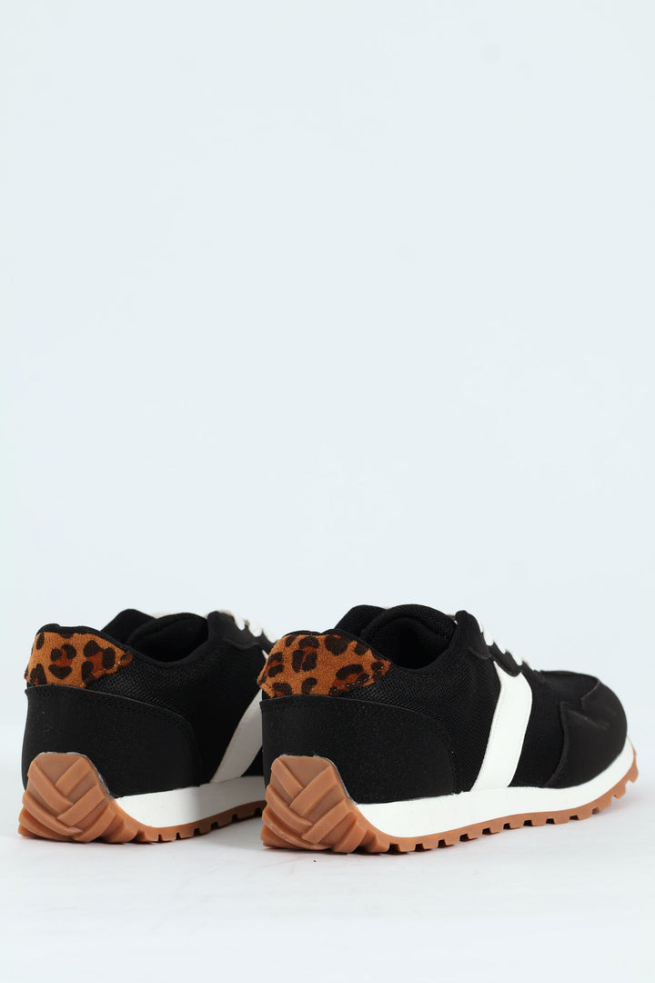 Girls Leopard Retro Sneaker - Black